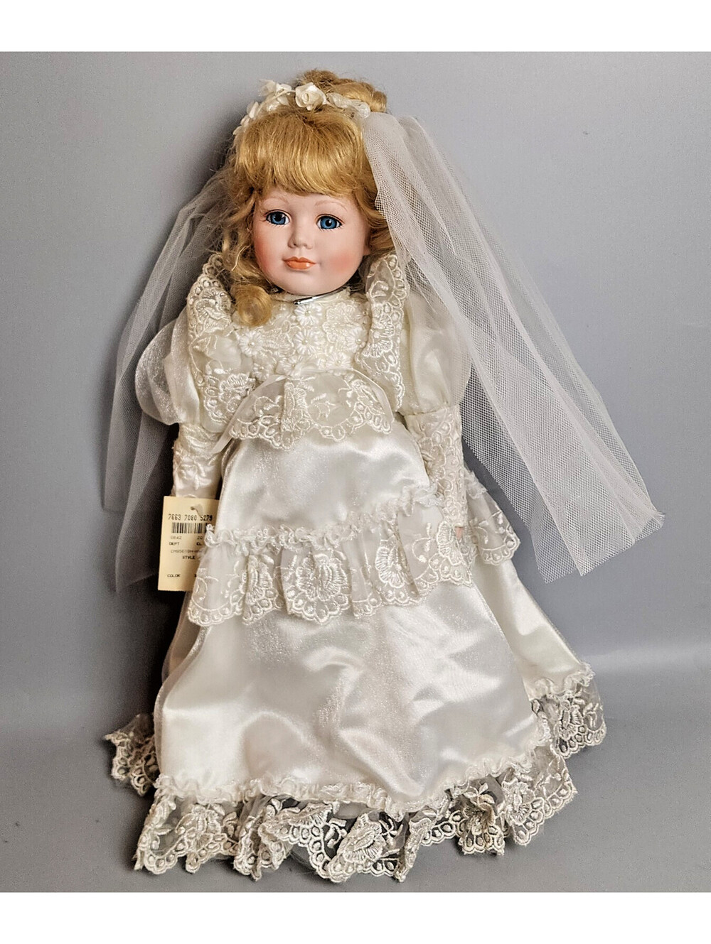 Chatelaine Porcelain Bride Doll Blonde Curly Hair Lace Wedding Dress w/Stand
